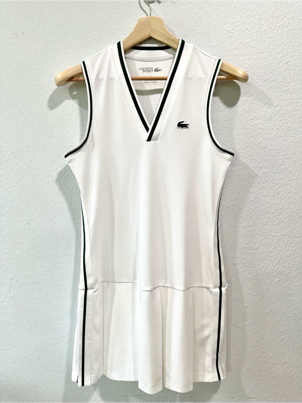 Lacoste White Tennis Dress with Green Trim and Dark Green Shorts set